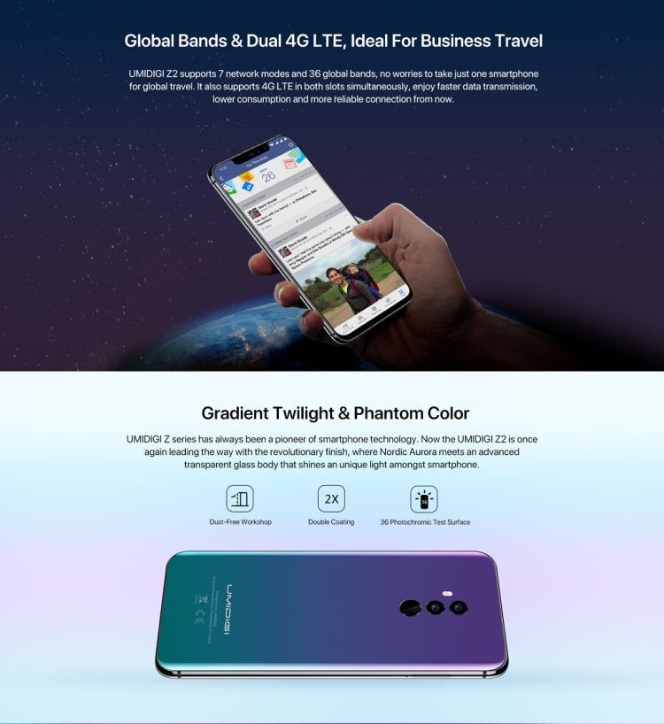 [HK Warehouse] UMIDIGI Z2, Dual 4G, 6GB+64GB, Dual Back Cameras + Dual Front Cameras, Face ID & Fingerprint Identification, 6.2 inch Android 8.1 MTK6763 (Helio P23)  Octa Core up to 2.0GHz, Network: 4G, Dual SIM