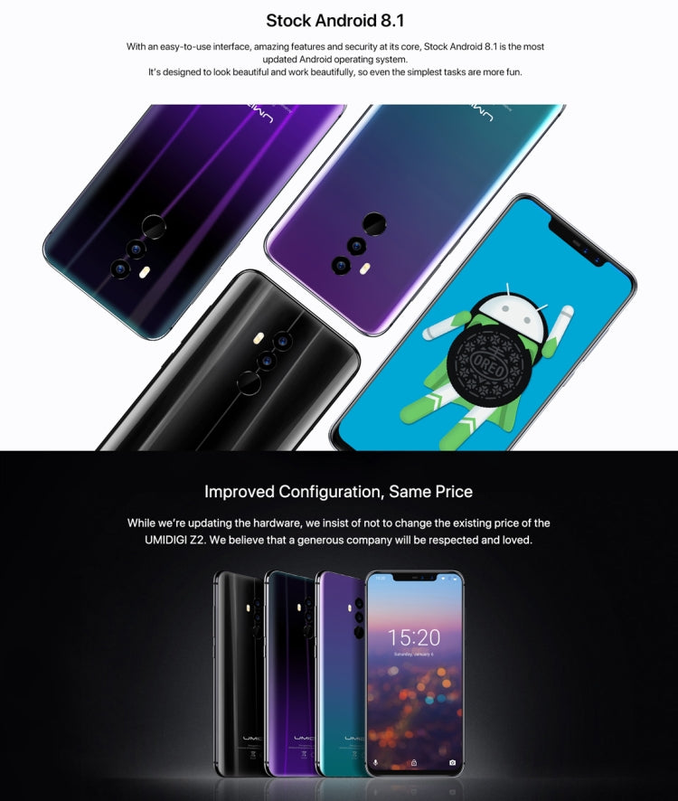 [HK Warehouse] UMIDIGI Z2, Dual 4G, 6GB+64GB, Dual Back Cameras + Dual Front Cameras, Face ID & Fingerprint Identification, 6.2 inch Android 8.1 MTK6763 (Helio P23)  Octa Core up to 2.0GHz, Network: 4G, Dual SIM