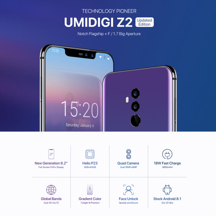 [HK Warehouse] UMIDIGI Z2, Dual 4G, 6GB+64GB, Dual Back Cameras + Dual Front Cameras, Face ID & Fingerprint Identification, 6.2 inch Android 8.1 MTK6763 (Helio P23)  Octa Core up to 2.0GHz, Network: 4G, Dual SIM