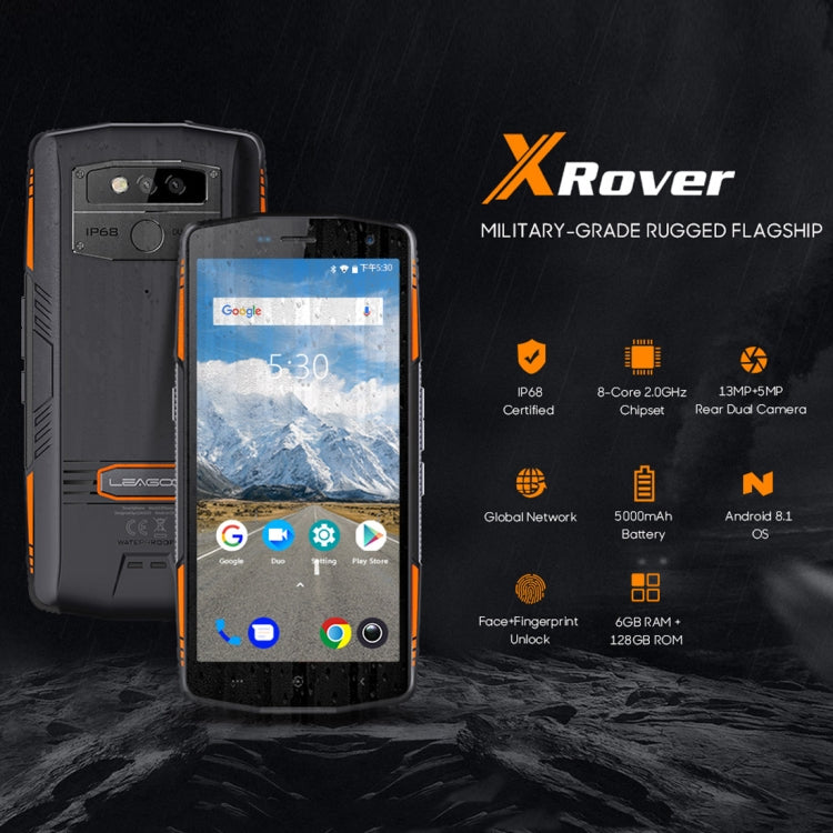 [HK Warehouse] LEAGOO XRover Rugged Phone, 6GB+128GB, IP68 Waterproof Dustproof Shockproof, 5000mAh Battery, Dual Back Cameras, Face ID & Fingerprint Identification, 5.72 inch Android 8.1 MTK6763 Octa Core, Network: 4G, PTT, OTG, NFC(Black)