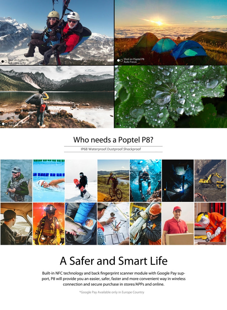[HK Warehouse] POPTEL P8 Rugged Phone, Dual 4G, 2GB+16GB, IP68 Waterproof Shockproof Dustproof, Face ID & Fingerprint Identification, 5.0 inch Android 8.1, MTK6739 Quad Core, Network: 4G, Dual SIM, NFC(Green)
