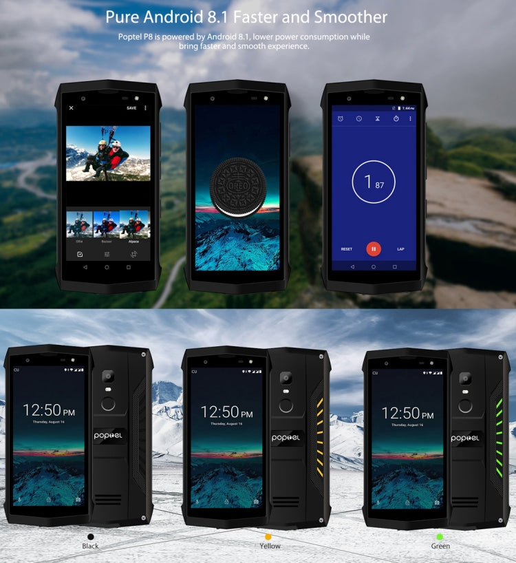 [HK Warehouse] POPTEL P8 Rugged Phone, Dual 4G, 2GB+16GB, IP68 Waterproof Shockproof Dustproof, Face ID & Fingerprint Identification, 5.0 inch Android 8.1, MTK6739 Quad Core, Network: 4G, Dual SIM, NFC(Green)