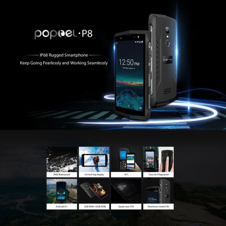 [HK Warehouse] POPTEL P8 Rugged Phone, Dual 4G, 2GB+16GB, IP68 Waterproof Shockproof Dustproof, Face ID & Fingerprint Identification, 5.0 inch Android 8.1, MTK6739 Quad Core, Network: 4G, Dual SIM, NFC(Green)