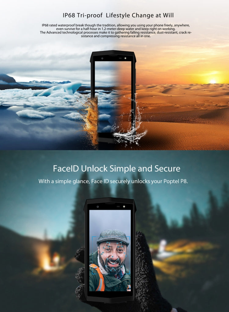 [HK Warehouse] POPTEL P8 Rugged Phone, Dual 4G, 2GB+16GB, IP68 Waterproof Shockproof Dustproof, Face ID & Fingerprint Identification, 5.0 inch Android 8.1, MTK6739 Quad Core, Network: 4G, Dual SIM, NFC(Green)