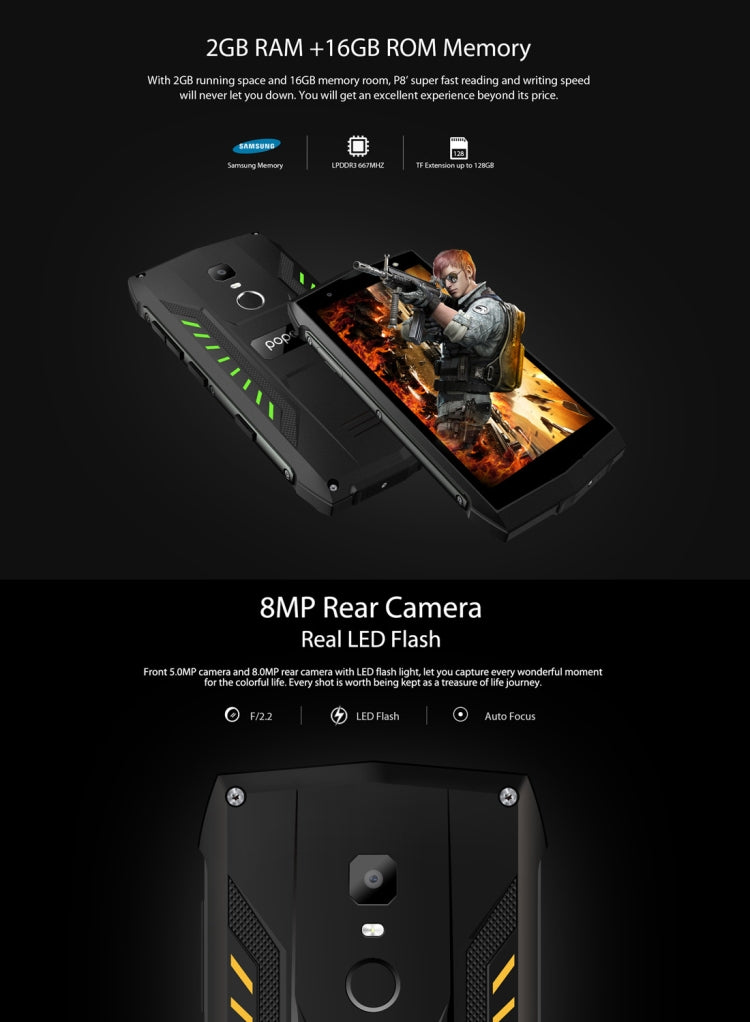 [HK Warehouse] POPTEL P8 Rugged Phone, Dual 4G, 2GB+16GB, IP68 Waterproof Shockproof Dustproof, Face ID & Fingerprint Identification, 5.0 inch Android 8.1, MTK6739 Quad Core, Network: 4G, Dual SIM, NFC(Green)
