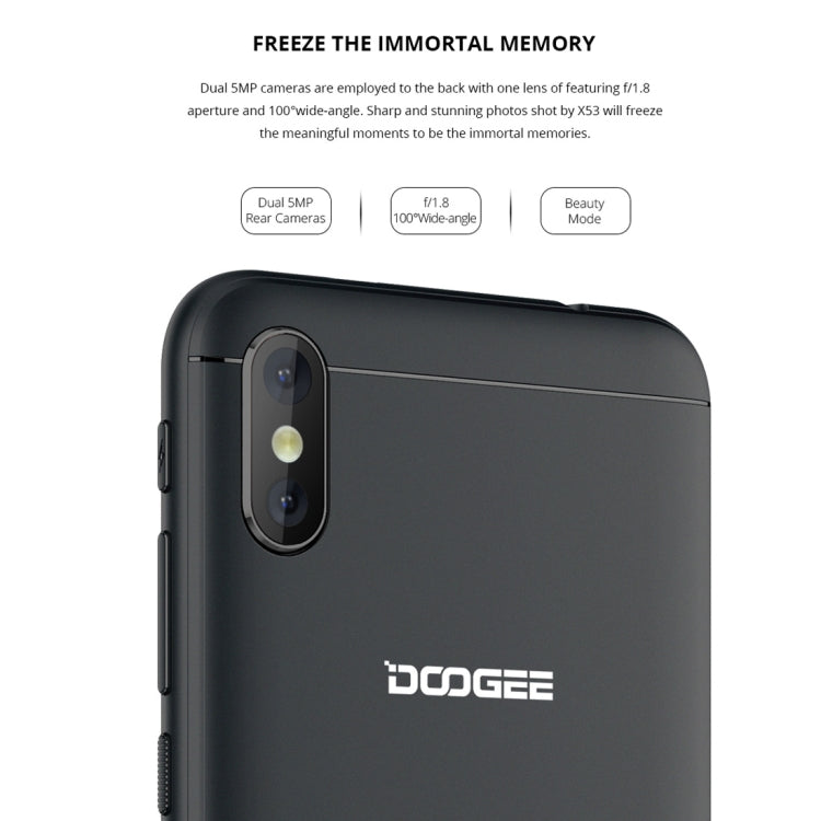 [HK Warehouse] DOOGEE X53, 1GB+16GB, Dual Back Cameras, 5.3 inch Android 7.0 MTK6580M Quad Core up to 1.3GHz, Network: 3G, OTA, Dual SIM