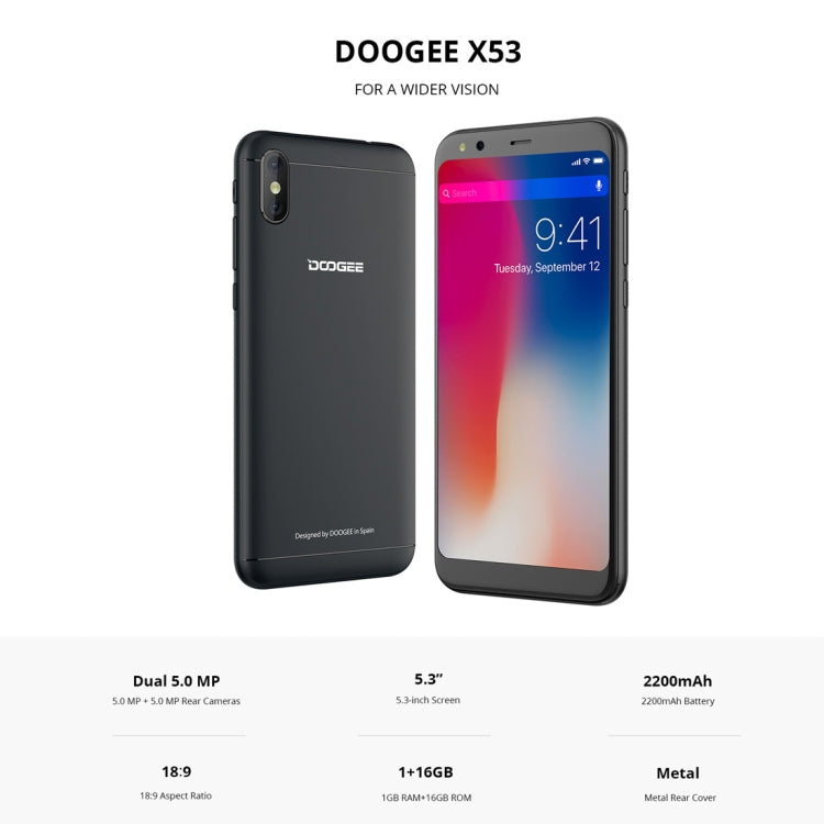 [HK Warehouse] DOOGEE X53, 1GB+16GB, Dual Back Cameras, 5.3 inch Android 7.0 MTK6580M Quad Core up to 1.3GHz, Network: 3G, OTA, Dual SIM