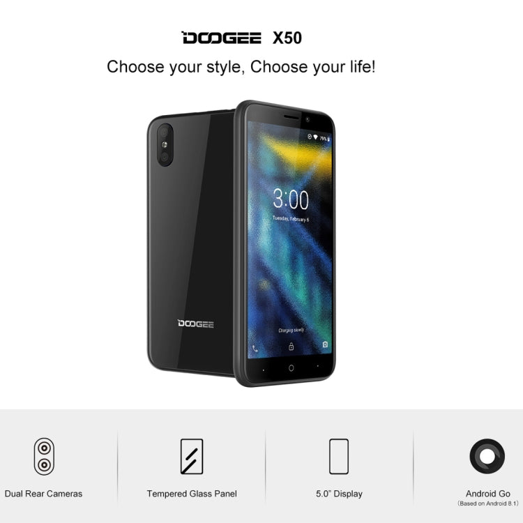 [HK Warehouse] DOOGEE X50, 1GB+8GB, Dual Back Cameras, Face ID, 5.0 inch Android 8.1 MTK6580M Quad Core up to 1.3GHz, Network: 3G, OTA, Dual SIM