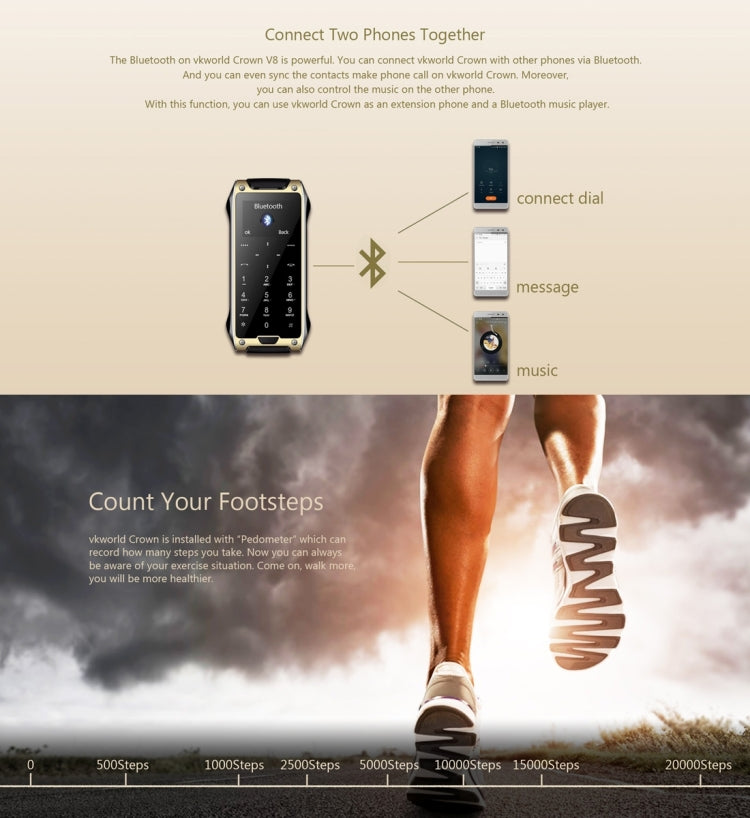 VKWorld Crown V8 Cell Phone, 4.9mm Ultra-slim, Pedometer, Bluetooth, FM, 1.64 inch, Dual SIM, Network: 2G
