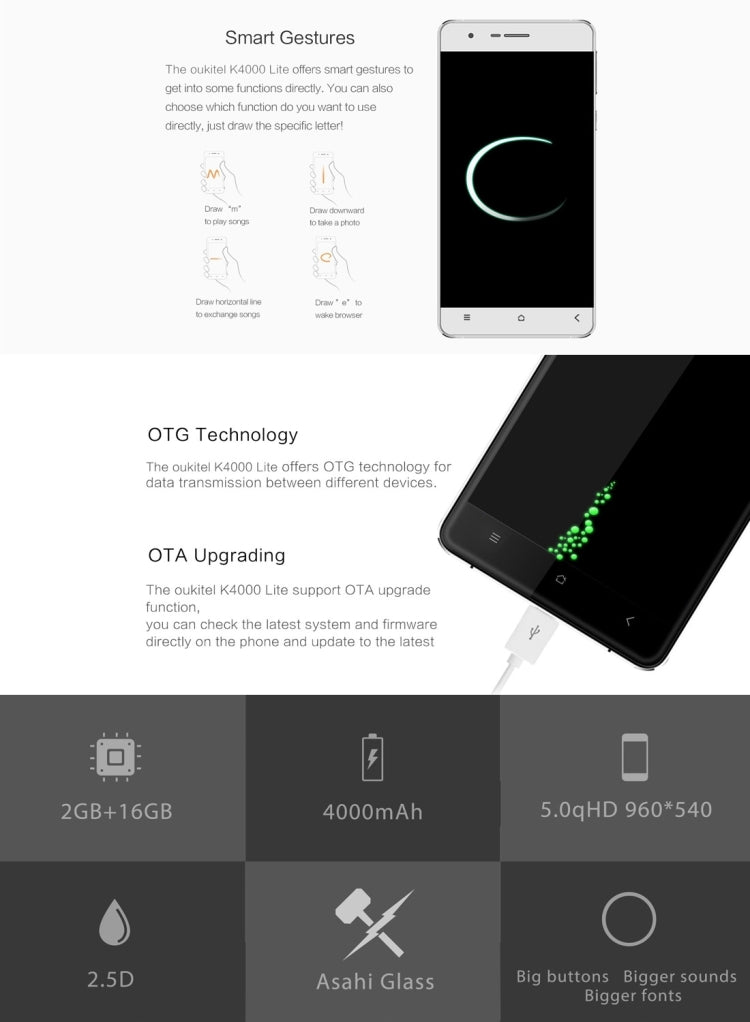 [HK Warehouse] OUKITEL K4000 Lite, 2GB+16GB, 4000mAh, 5.0 inch Android 5.1 MTK6735 Quad Core 1.0GHz, Network: 4G(Gold)
