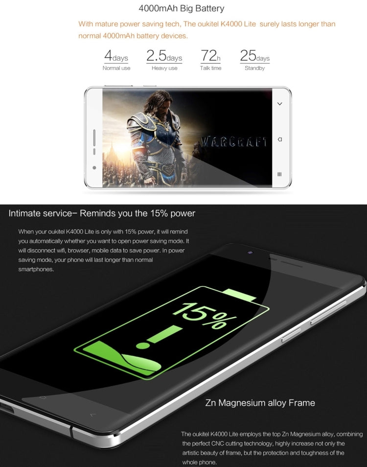 [HK Warehouse] OUKITEL K4000 Lite, 2GB+16GB, 4000mAh, 5.0 inch Android 5.1 MTK6735 Quad Core 1.0GHz, Network: 4G(Gold)