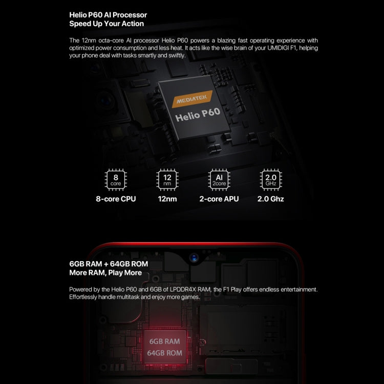 [HK Warehouse] UMIDIGI F1 Play, 6GB+64GB, 48MP Dual Back Cameras, 5150mAh Battery, Face ID & Fingerprint Identification, 6.3 inch Full Screen Android 9.0 MTK Helio P60 Octa Core up to 2.0GHz, Network: 4G, OTG, NFC, Dual SIM