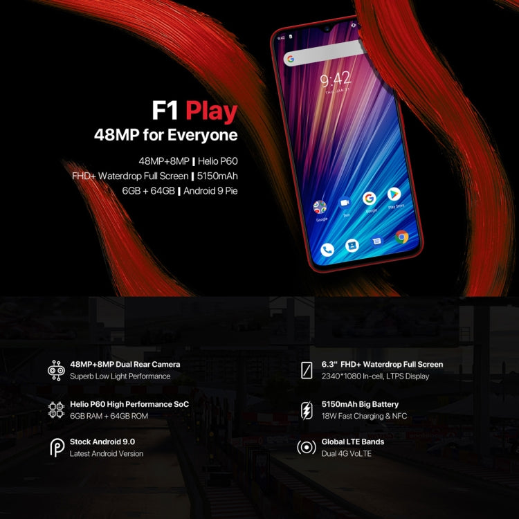 [HK Warehouse] UMIDIGI F1 Play, 6GB+64GB, 48MP Dual Back Cameras, 5150mAh Battery, Face ID & Fingerprint Identification, 6.3 inch Full Screen Android 9.0 MTK Helio P60 Octa Core up to 2.0GHz, Network: 4G, OTG, NFC, Dual SIM