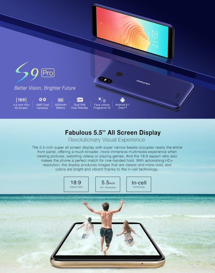 [HK Warehouse] Ulefone S9 Pro,  2GB+16GB, Dual Back Cameras,  Face ID & Fingerprint Identification, 5.5 inch Android 8.1 MTK6739 Quad-core 64-bit up to 1.3GHz, Network: 4G, Dual SIM(Black)