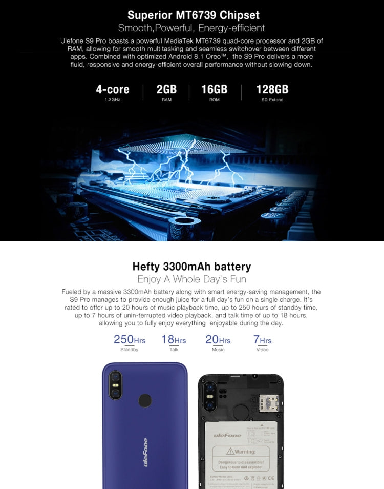 [HK Warehouse] Ulefone S9 Pro,  2GB+16GB, Dual Back Cameras,  Face ID & Fingerprint Identification, 5.5 inch Android 8.1 MTK6739 Quad-core 64-bit up to 1.3GHz, Network: 4G, Dual SIM(Black)