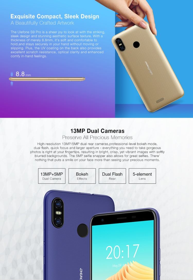 [HK Warehouse] Ulefone S9 Pro,  2GB+16GB, Dual Back Cameras,  Face ID & Fingerprint Identification, 5.5 inch Android 8.1 MTK6739 Quad-core 64-bit up to 1.3GHz, Network: 4G, Dual SIM(Black)