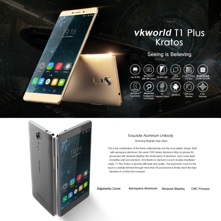 VKworld T1 Plus Kratos, 2GB+16GB, Fingerprint Identification, 2.5D 6.0 inch Android 6.0 MTK6735 Quad Core 1.0GHz, Network: 4G(Gold)