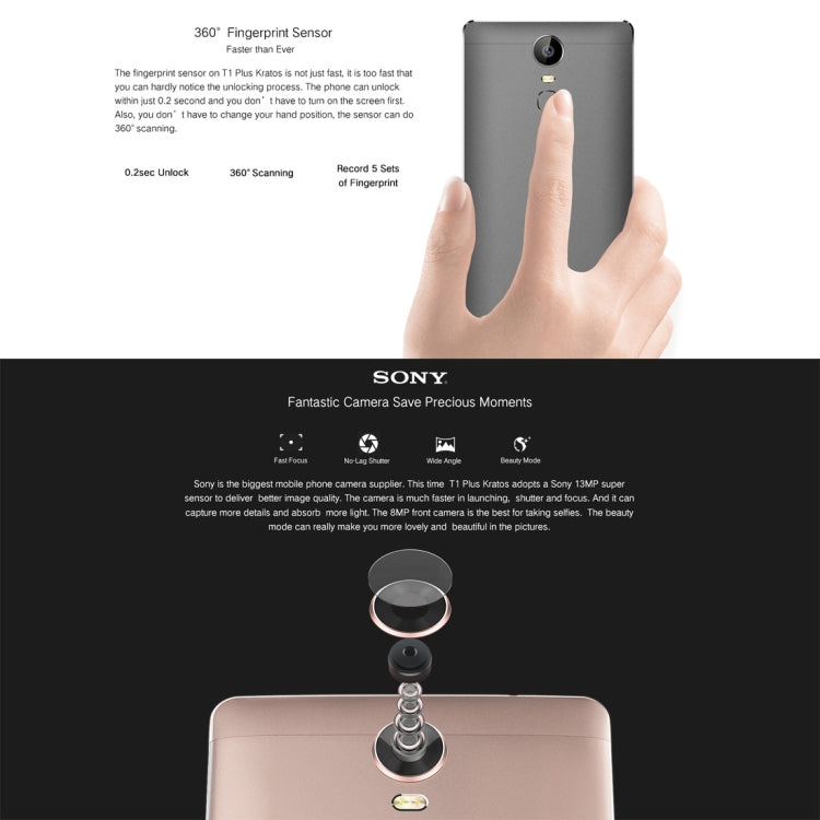 VKworld T1 Plus Kratos, 2GB+16GB, Fingerprint Identification, 2.5D 6.0 inch Android 6.0 MTK6735 Quad Core 1.0GHz, Network: 4G(Gold)