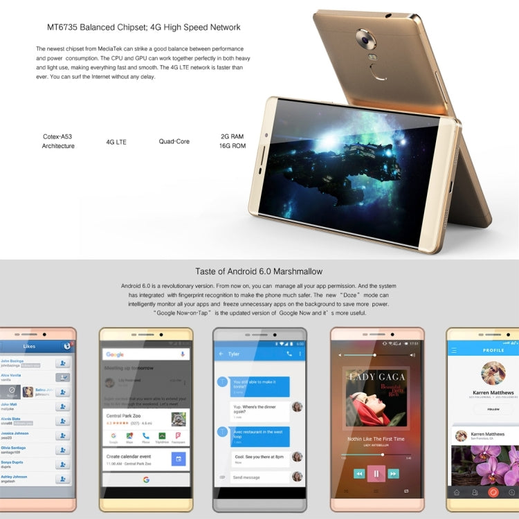 VKworld T1 Plus Kratos, 2GB+16GB, Fingerprint Identification, 2.5D 6.0 inch Android 6.0 MTK6735 Quad Core 1.0GHz, Network: 4G(Gold)