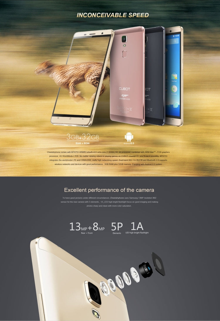 [HK Warehouse] CUBOT CHEETAH, 3GB+32GB, Fingerprint Identification, 5.5 inch Android 6.0 MTK6753 Octa-Core 1.3GHz, Network: 4G