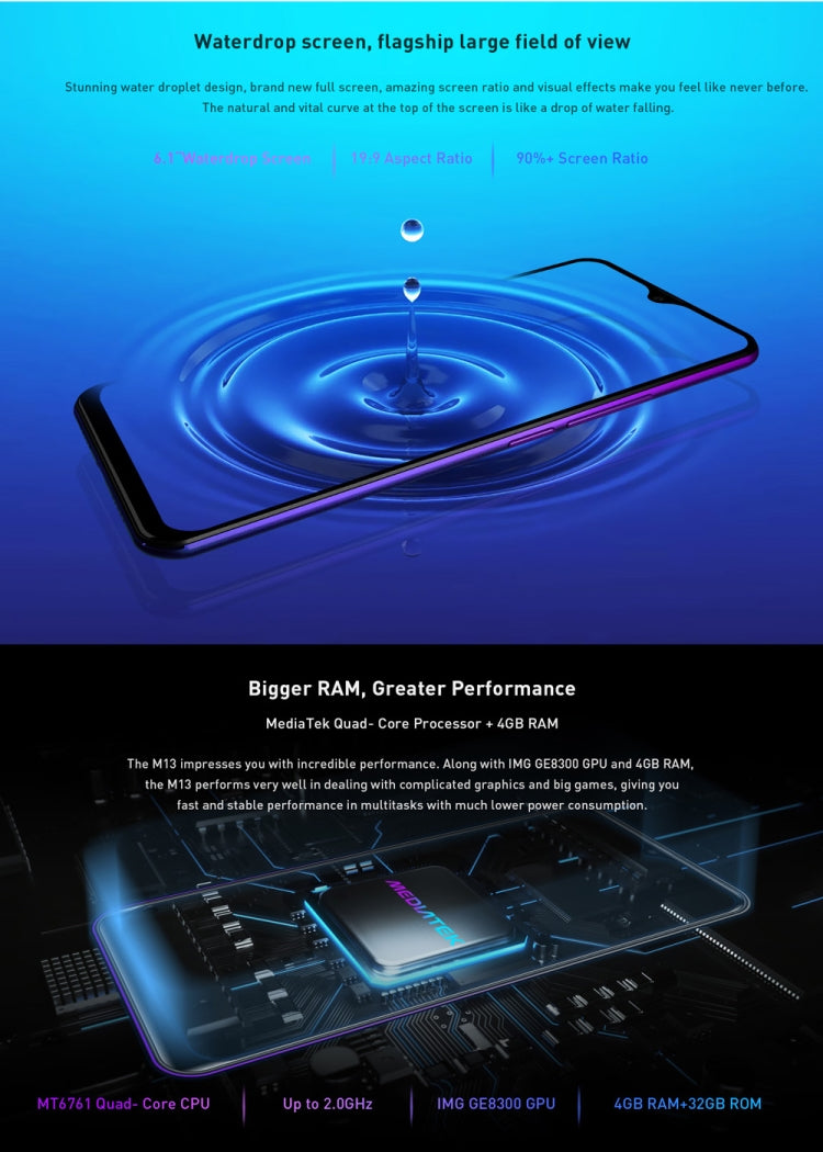 [HK Warehouse] LEAGOO M13, 4GB+32GB, Dual Back Cameras, Face ID & Fingerprint Identification, 6.1 inch Water-drop Screen Android 9.0 MTK6761 Quad Core up to 2.0GHz, Network: 4G, Dual SIM, OTG