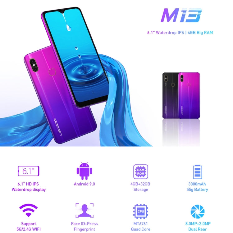 [HK Warehouse] LEAGOO M13, 4GB+32GB, Dual Back Cameras, Face ID & Fingerprint Identification, 6.1 inch Water-drop Screen Android 9.0 MTK6761 Quad Core up to 2.0GHz, Network: 4G, Dual SIM, OTG