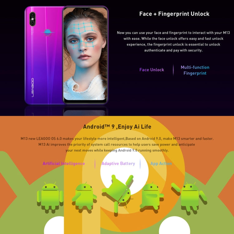[HK Warehouse] LEAGOO M13, 4GB+32GB, Dual Back Cameras, Face ID & Fingerprint Identification, 6.1 inch Water-drop Screen Android 9.0 MTK6761 Quad Core up to 2.0GHz, Network: 4G, Dual SIM, OTG