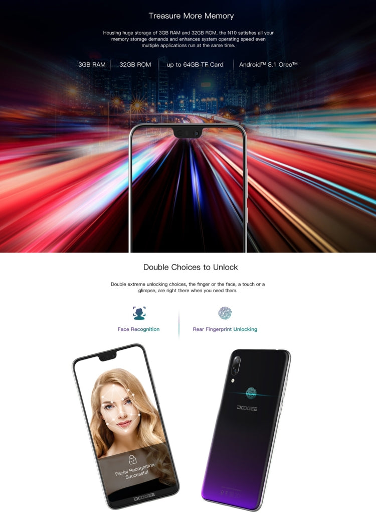 [HK Warehouse] DOOGEE N10, 3GB+32GB, Dual Back Cameras, Face ID & Fingerprint Identification,  5.84 inch Notch Screen Android 8.1 Oreo SC9863A Octa Core up to 1.6GHz, Network: 4G, OTG, Dual SIM (Phantom Purple)