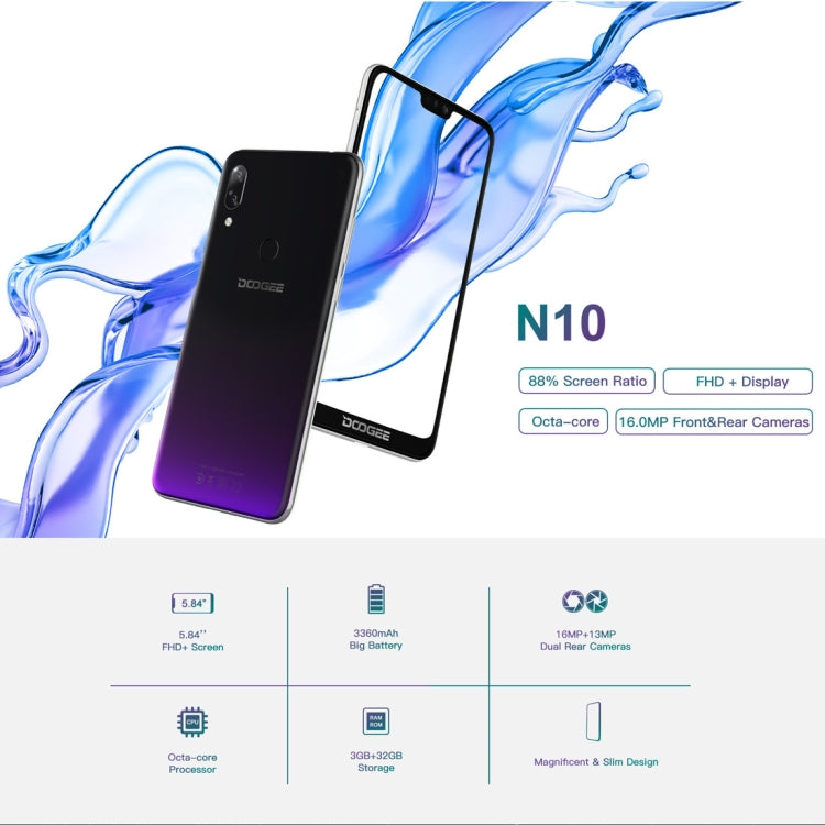 [HK Warehouse] DOOGEE N10, 3GB+32GB, Dual Back Cameras, Face ID & Fingerprint Identification,  5.84 inch Notch Screen Android 8.1 Oreo SC9863A Octa Core up to 1.6GHz, Network: 4G, OTG, Dual SIM (Phantom Purple)