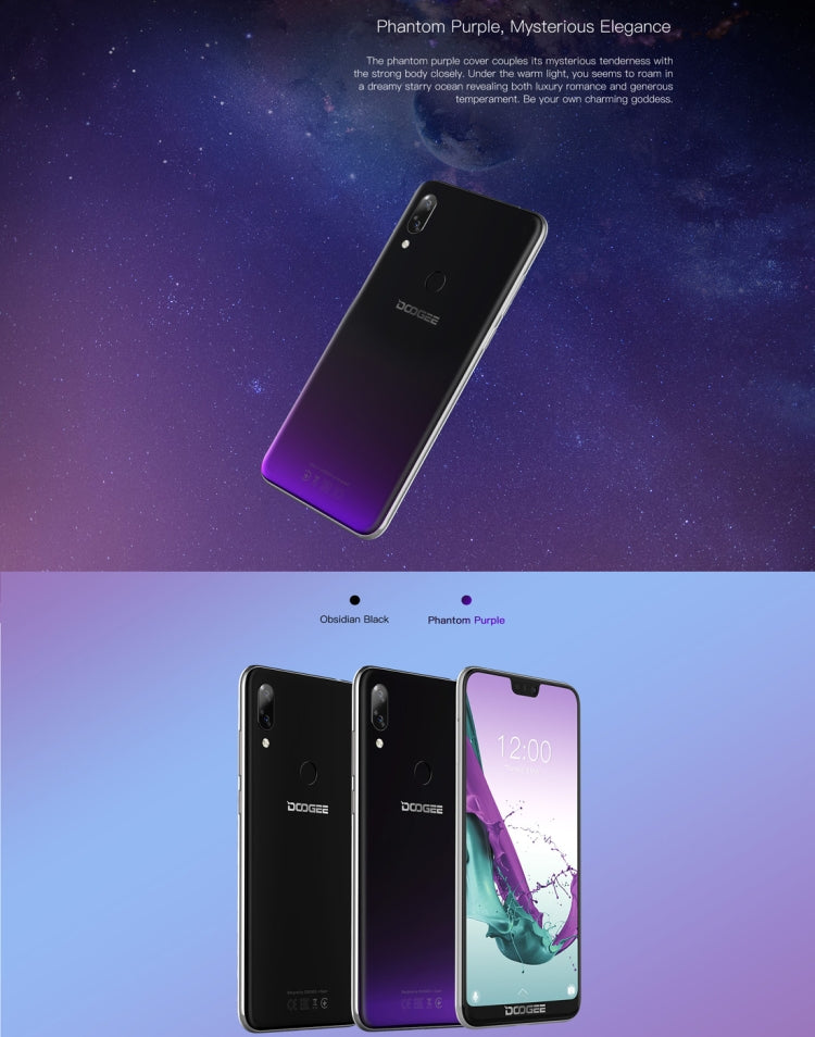 [HK Warehouse] DOOGEE N10, 3GB+32GB, Dual Back Cameras, Face ID & Fingerprint Identification,  5.84 inch Notch Screen Android 8.1 Oreo SC9863A Octa Core up to 1.6GHz, Network: 4G, OTG, Dual SIM (Phantom Purple)