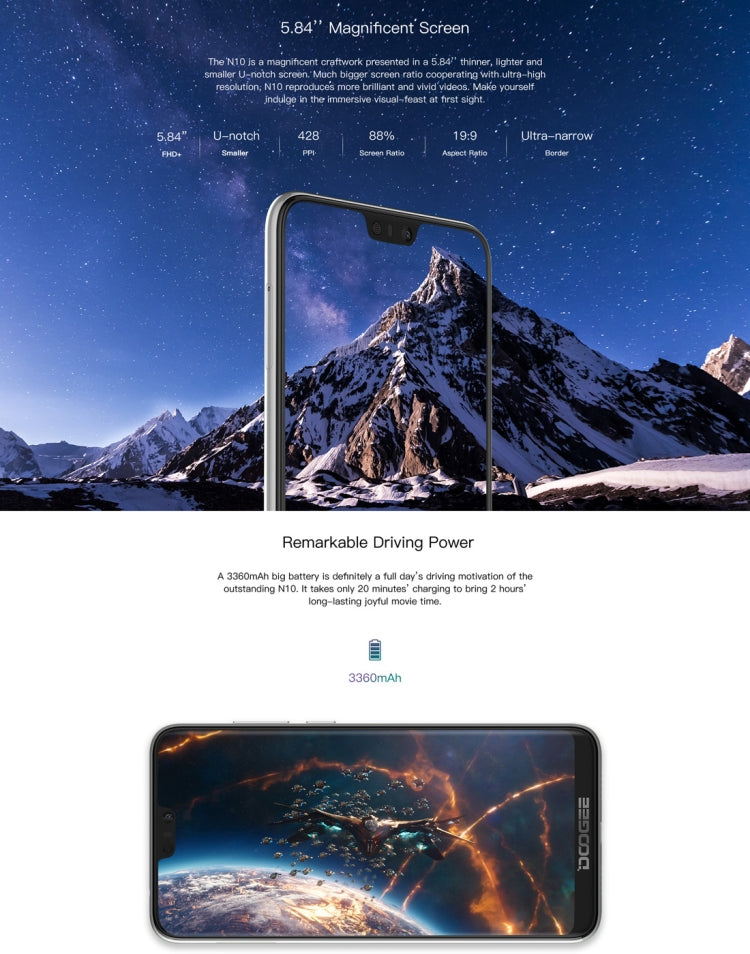 [HK Warehouse] DOOGEE N10, 3GB+32GB, Dual Back Cameras, Face ID & Fingerprint Identification,  5.84 inch Notch Screen Android 8.1 Oreo SC9863A Octa Core up to 1.6GHz, Network: 4G, OTG, Dual SIM (Phantom Purple)