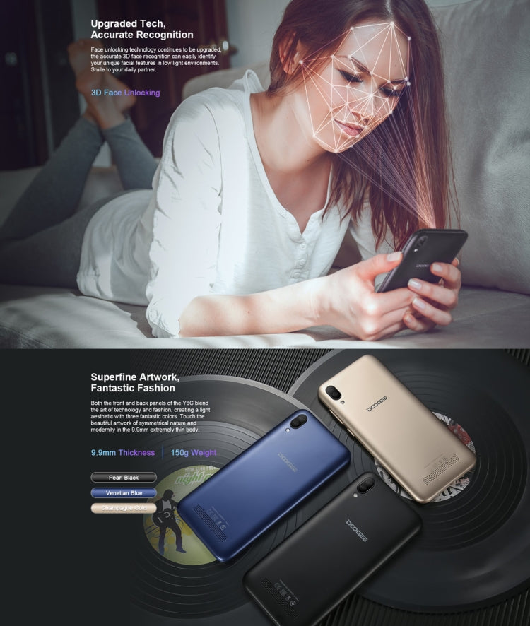 [HK Warehouse] DOOGEE Y8C, 1GB+16GB, Dual Back Cameras, Face ID,  6.1 inch Water-drop Screen Android 8.1 Oreo MTK6580 Quad Core up to 1.3GHz, Network: 3G,  OTA, Dual SIM