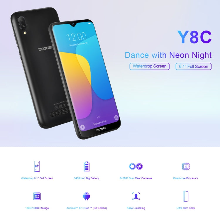 [HK Warehouse] DOOGEE Y8C, 1GB+16GB, Dual Back Cameras, Face ID,  6.1 inch Water-drop Screen Android 8.1 Oreo MTK6580 Quad Core up to 1.3GHz, Network: 3G,  OTA, Dual SIM