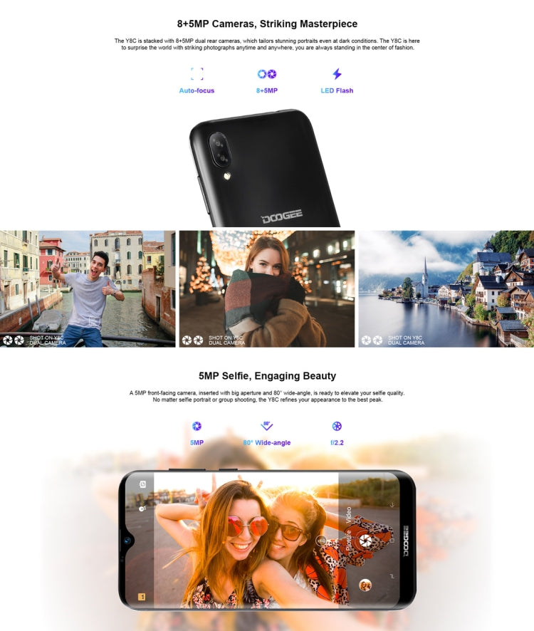 [HK Warehouse] DOOGEE Y8C, 1GB+16GB, Dual Back Cameras, Face ID,  6.1 inch Water-drop Screen Android 8.1 Oreo MTK6580 Quad Core up to 1.3GHz, Network: 3G,  OTA, Dual SIM