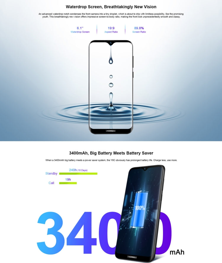 [HK Warehouse] DOOGEE Y8C, 1GB+16GB, Dual Back Cameras, Face ID,  6.1 inch Water-drop Screen Android 8.1 Oreo MTK6580 Quad Core up to 1.3GHz, Network: 3G,  OTA, Dual SIM