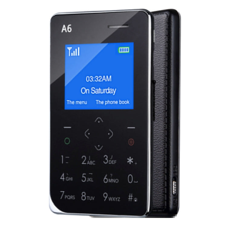 AIEK A6 Card Mobile Phone 8GB, Network: 2G, 6.8mm Ultra Thin Pocket Mini Slim Card Phone, Support Wechat, QQ, Pedometer, MP3, Bluetooth 3.0, FM Radio, Calendar, Calculator, Alarm, Size: 88 x 54 x 6.8 mm