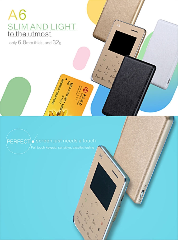 AIEK A6 Card Mobile Phone 8GB, Network: 2G, 6.8mm Ultra Thin Pocket Mini Slim Card Phone, Support Wechat, QQ, Pedometer, MP3, Bluetooth 3.0, FM Radio, Calendar, Calculator, Alarm, Size: 88 x 54 x 6.8 mm