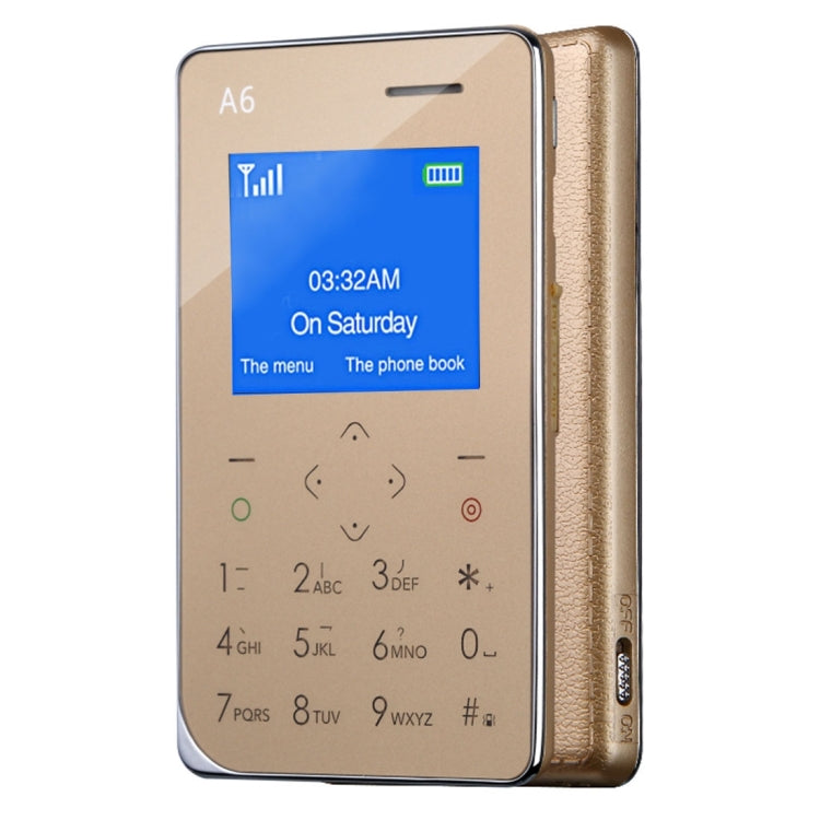 AIEK A6 Card Mobile Phone 8GB, Network: 2G, 6.8mm Ultra Thin Pocket Mini Slim Card Phone, Support Wechat, QQ, Pedometer, MP3, Bluetooth 3.0, FM Radio, Calendar, Calculator, Alarm, Size: 88 x 54 x 6.8 mm