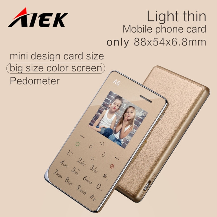 AIEK A6 Card Mobile Phone 8GB, Network: 2G, 6.8mm Ultra Thin Pocket Mini Slim Card Phone, Support Wechat, QQ, Pedometer, MP3, Bluetooth 3.0, FM Radio, Calendar, Calculator, Alarm, Size: 88 x 54 x 6.8 mm