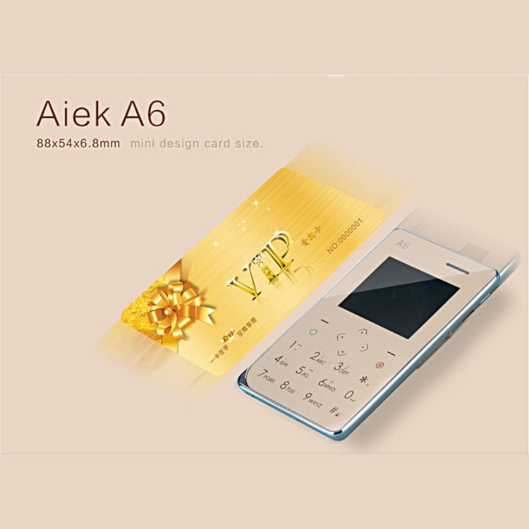 AIEK A6 Card Mobile Phone 8GB, Network: 2G, 6.8mm Ultra Thin Pocket Mini Slim Card Phone, Support Wechat, QQ, Pedometer, MP3, Bluetooth 3.0, FM Radio, Calendar, Calculator, Alarm, Size: 88 x 54 x 6.8 mm