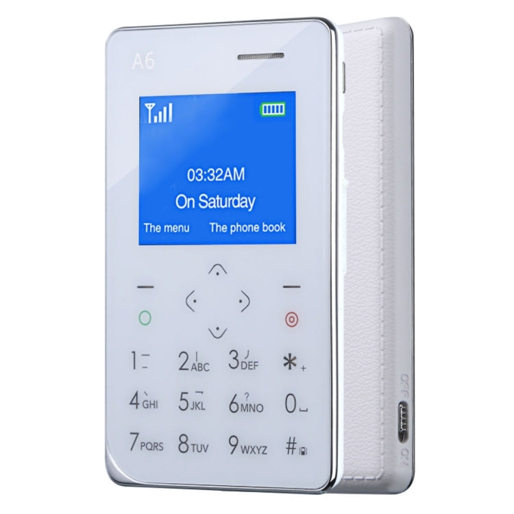 AIEK A6 Card Mobile Phone 8GB, Network: 2G, 6.8mm Ultra Thin Pocket Mini Slim Card Phone, Support Wechat, QQ, Pedometer, MP3, Bluetooth 3.0, FM Radio, Calendar, Calculator, Alarm, Size: 88 x 54 x 6.8 mm