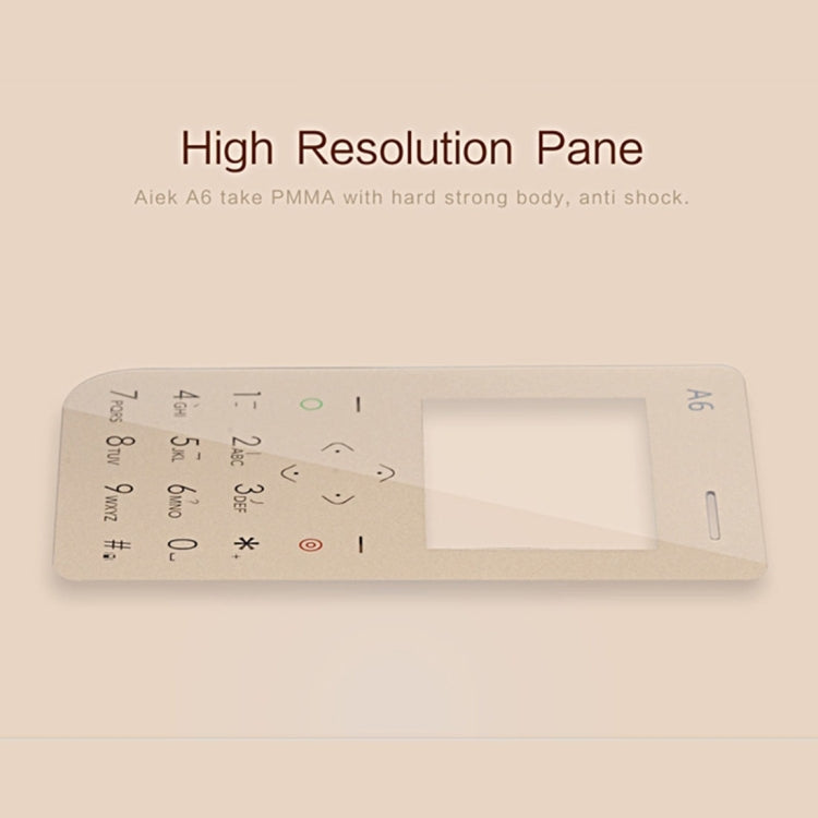 AIEK A6 Card Mobile Phone 8GB, Network: 2G, 6.8mm Ultra Thin Pocket Mini Slim Card Phone, Support Wechat, QQ, Pedometer, MP3, Bluetooth 3.0, FM Radio, Calendar, Calculator, Alarm, Size: 88 x 54 x 6.8 mm