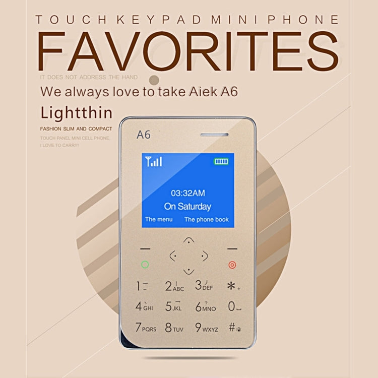 AIEK A6 Card Mobile Phone 8GB, Network: 2G, 6.8mm Ultra Thin Pocket Mini Slim Card Phone, Support Wechat, QQ, Pedometer, MP3, Bluetooth 3.0, FM Radio, Calendar, Calculator, Alarm, Size: 88 x 54 x 6.8 mm