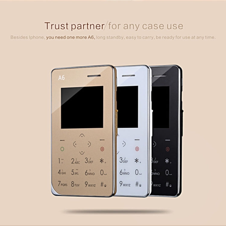 AIEK A6 Card Mobile Phone 8GB, Network: 2G, 6.8mm Ultra Thin Pocket Mini Slim Card Phone, Support Wechat, QQ, Pedometer, MP3, Bluetooth 3.0, FM Radio, Calendar, Calculator, Alarm, Size: 88 x 54 x 6.8 mm