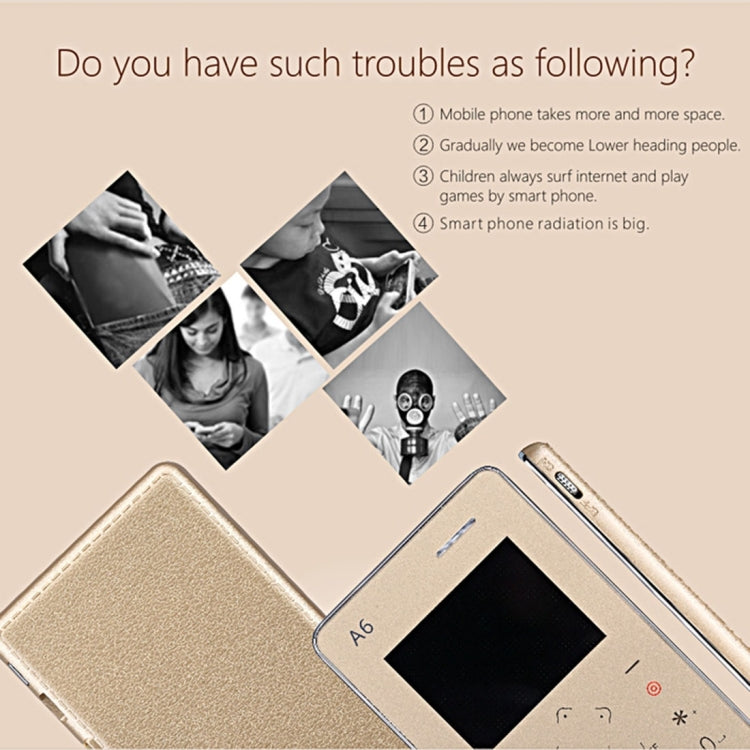 AIEK A6 Card Mobile Phone 8GB, Network: 2G, 6.8mm Ultra Thin Pocket Mini Slim Card Phone, Support Wechat, QQ, Pedometer, MP3, Bluetooth 3.0, FM Radio, Calendar, Calculator, Alarm, Size: 88 x 54 x 6.8 mm