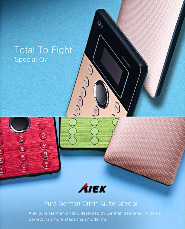 AIEK Q7 Card Mobile Phone, Network: 2G, 7mm Ultra Thin Pocket Mini Slim Card Phone, 1.0 inch LED Display, Bluetooth 3.0, Calendar, Calculator, Alarm, Size: 88 x 55 x 7 mm