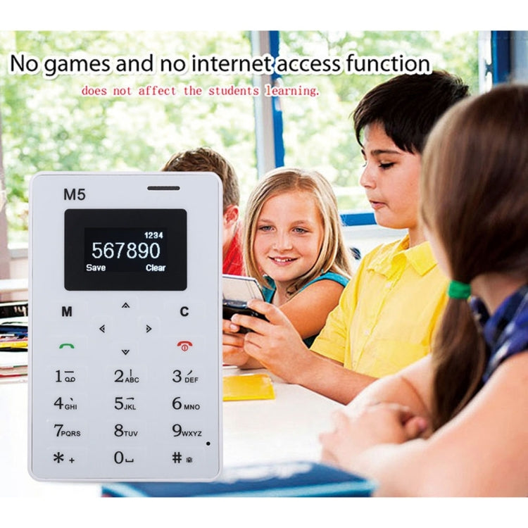 AIEK M5 Card Mobile Phone, Network: 2G, 4.5mm Ultra Thin Pocket Mini Slim Card Phone, 1.0 inch LED Display, QWERTY Keyboard, Support TF / Micro SD Card up to 16GB, Bluetooth, Calendar, FM, MP3, Alarm, Size: 85 x 55 x 4.5 mm