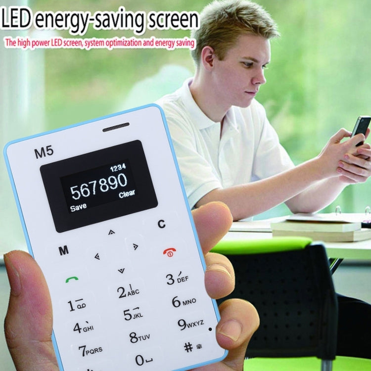 AIEK M5 Card Mobile Phone, Network: 2G, 4.5mm Ultra Thin Pocket Mini Slim Card Phone, 1.0 inch LED Display, QWERTY Keyboard, Support TF / Micro SD Card up to 16GB, Bluetooth, Calendar, FM, MP3, Alarm, Size: 85 x 55 x 4.5 mm
