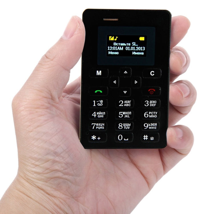 AIEK M5 Card Mobile Phone, Network: 2G, 4.5mm Ultra Thin Pocket Mini Slim Card Phone, 1.0 inch LED Display, QWERTY Keyboard, Support TF / Micro SD Card up to 16GB, Bluetooth, Calendar, FM, MP3, Alarm, Size: 85 x 55 x 4.5 mm