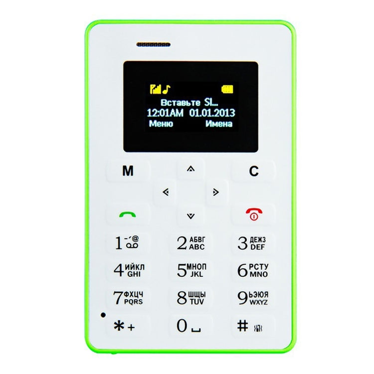 AIEK M5 Card Mobile Phone, Network: 2G, 4.5mm Ultra Thin Pocket Mini Slim Card Phone, 1.0 inch LED Display, QWERTY Keyboard, Support TF / Micro SD Card up to 16GB, Bluetooth, Calendar, FM, MP3, Alarm, Size: 85 x 55 x 4.5 mm
